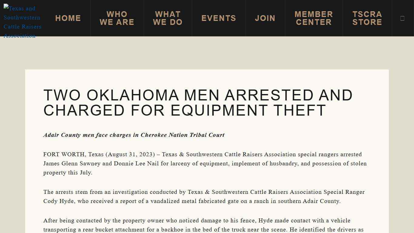 Two Oklahoma men arrested and charged for equipment theft - Texas and Southwestern Cattle Raisers Association